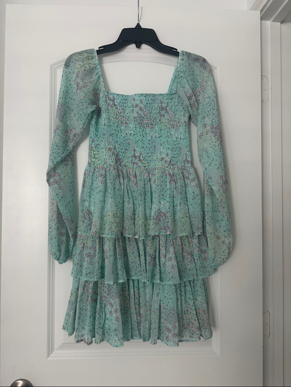 Mint Floral Smocked Tiered Long-Sleeve Dress